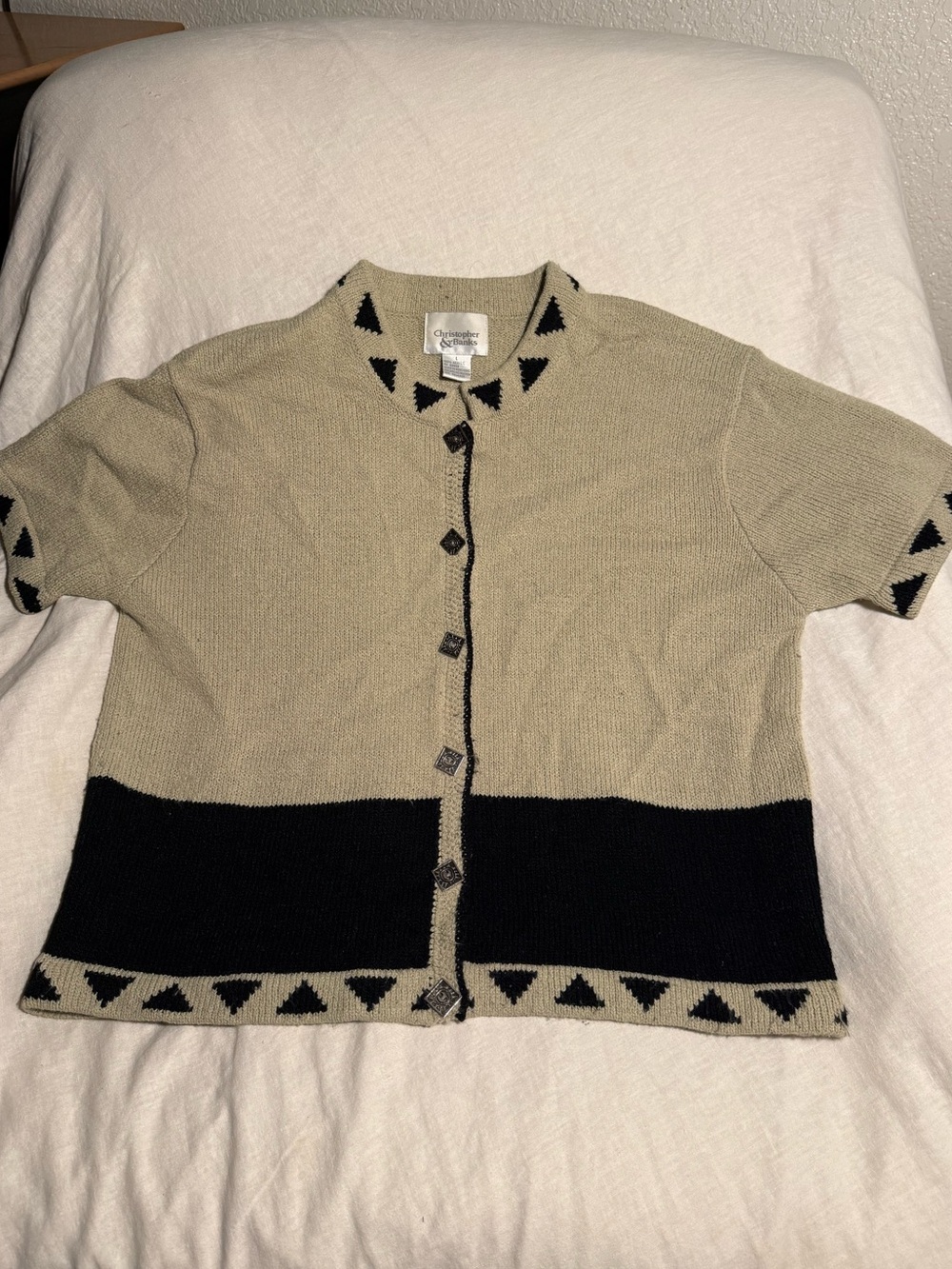 Christopher & Banks Short-Sleeve Knit Cardigan in Beige and Black
